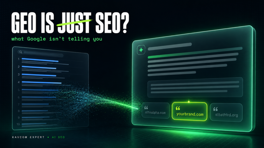 GEO vs SEO comparison showing Google's ten blue links dissolving into an AI answer card that cites only a few brands